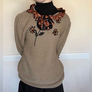 Vintage tan sweater with satin flowers by spree international